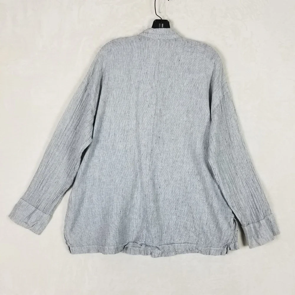Eileen Fisher Jacket Women Small Gray Organic Linen Button Front Striped Pockets